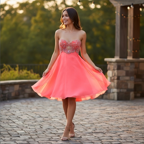 Sherri Hill ✦ Strapless Beaded Mini Dress ✦ Coral Rhinestone Prom Silhouette 8 - Picture 1 of 17